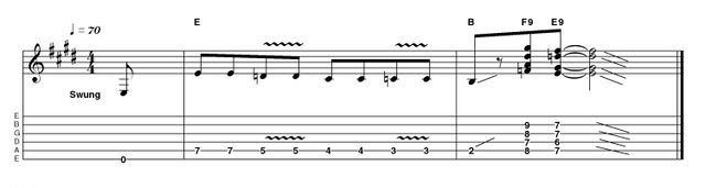 Outro 7: Easy in E This could be an early Van Halen ending, but has its roots in the classic descending line. Note, the bass features an ascending line underneath, implying some interesting harmony. Take this as a starting point for more rock excess!