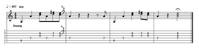 Outro 17: Easy in A (Version 2) These double-stops are saved from simply doubling the bass by the quarter-tone bend in bar 1. Sometimes, that's all it takes. But in cases like this, make sure you have your timing razor-sharp too. Playing ahead of or slightly behind the beat makes a huge amount of difference.