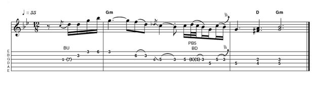 Outro 10: Advanced in Gm Busier and with a fair amount more gain, here is an alternative/advanced take on the same backing. After the pickup bar, really dig in to that first G for some stinging vibrato. We've opted again to follow the final chords, this time with two double-stops, like Peter Green.