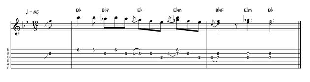 Outro 13: Easy in Bb Similar to the earlier intro, this simple phrase takes in a couple of doublestops, to reflect its 'finishing-the-song' status. As a set-up for the final chord, we've opted for the V (Eb) but as a minor chord, adding a little drama and demonstrating another sonic possibility.