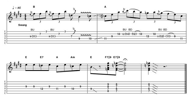 Outro 12: Advanced in E (Version 2) Flicking to the bridge pickup, with a little more gain, this outro gives a few useful soloing ideas too, using the E major pentatonic - which works especially well over the A chord. It's another way of playing the classic descending pattern leads to the final chords...