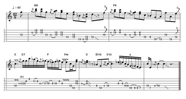 Outro 20: Advanced in C Mixing double-stop and pentatonic ideas, this outro is quite complex, so it deserves a bit of extra time. Work through slowly and absorb the vib/bend details, as well as the best fingerings for those double-stops. It should be fairly self-explanatory with a guitar in your hands.