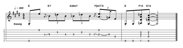 Outro 2: Advanced acoustic in E Using a similar template to the easy version, we've opted for a descending figure this time, with a little double-stop trickery and some fancier 13th chords bringing things to a close. These are best played with thumb and fingers to sound all the notes simultaneously and avoid unwanted strings.