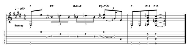 Outro 2: Advanced acoustic in E Using a similar template to the easy version, we've opted for a descending figure this time, with a little double-stop trickery and some fancier 13th chords bringing things to a close. These are best played with thumb and fingers to sound all the notes simultaneously and avoid unwanted strings.