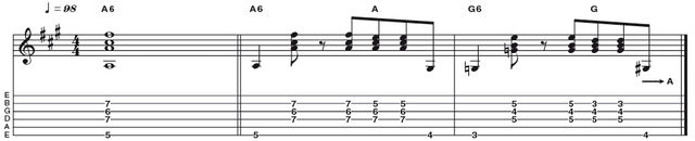 Example 13: Major 6 Example 13: Major 6 - Our next offering is a major 6 (R 3 5 6), which can give an authentic sound for vintage jazz and soul styles. You can hear this sound frequently used by guitarist Steve Cropper on records from the Stax label including releases by Booker T, Wilson Pickett, Otis Redding and others.