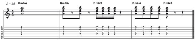Example 15: Minor 7 to Minor 6 Move - Here is a great move that can be used in funk, where we take a stock minor 7 chord and lower the b7 interval by a semitone to create a minor 6 sound for a very authentic sounding 'Prince' vibe - the high guitar break in Kiss is a textbook example of b7 to 6 movement.