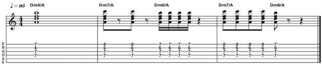 Example 15: Minor 7 to Minor 6 Move Example 15: Minor 7 to Minor 6 Move - Here is a great move that can be used in funk, where we take a stock minor 7 chord and lower the b7 interval by a semitone to create a minor 6 sound for a very authentic sounding 'Prince' vibe - the high guitar break in Kiss is a textbook example of b7 to 6 movement.