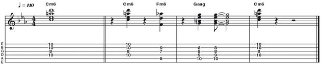 Example 17: Minor 6/9 - Here is a versatile minor counterpart, which is great for applying in a minor blues/jazz scenario. This minor 6 chord (R b3 5 6) could also be applied to a funk setting too, due to its placement here on the high strings - perfect for rapid Nile Rodgers-style 16th note strumming!
