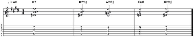 Example 23: Dominant 7 - Here's a nice four-string version of a B dominant 7th chord (R 3 5 b7). The cool thing about this fingering is that no notes are repeated, as is usually the case when using bigger five or six-string shapes. It is used here in a turnaround on an E blues - V IV I V (B7 A7 E7 B7).