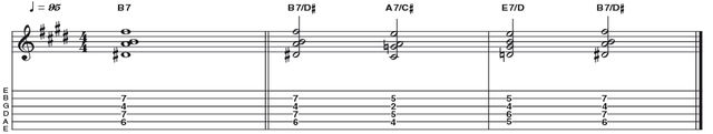 Example 23: Dominant 7 Example 23: Dominant 7 - Here's a nice four-string version of a B dominant 7th chord (R 3 5 b7). The cool thing about this fingering is that no notes are repeated, as is usually the case when using bigger five or six-string shapes. It is used here in a turnaround on an E blues - V IV I V (B7 A7 E7 B7).