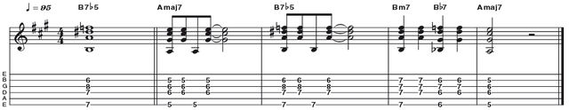 Example 27: Dominant 7 Flat 5 Example 27: Dominant 7 Flat 5 - We're into Latin territory now, with a chord derived from the fourth mode of the melodic minor scale, the 7b5 (R 3 b5 b7). Although the fingering is relatively safe, it works well in the right context with the B7b5 providing embellishment via a bridging note to the Bm7 chord that follows.