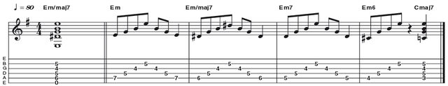Example 29: Minor-Major 7 Example 29: Minor-Major 7 - The minor major7 chord (R b3 5 7) is great for suggesting a moving chromatic line in the bass. The fingering here is a departure from the often used 'Stairway To Heaven' shape, instead utilising the C parent form once more.