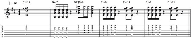 Example 34: Minor 11 - We turning things up to 11 now, with a versatile way of playing an E minor 11 (R b3 5 b7 9 11). You will already have seen that it is common on guitar to omit nonessential intervals in order to improve the tonal quality or ease the fingering of a chord. In this case we are using just (R b3 b7 11).
