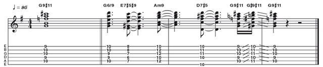 Example 35: Dominant 9 #11 Example 35: Dominant 9 #11 - This ear catching dom9#11 (R 3 5 7 9 #11) works well as a substitute for a regular dominant 7, as seen here. What happens is that a I VI II V in G (Gmaj7, E7, Am7, D7) is resolved to G9#11, slid up a semitone and back. Very expensive!