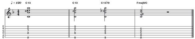 Example 39: Dominant 13 to 13B9 - Two ideas for the price of one this time! First up, a nice sounding dom 13 (R 3 5 b7 9 11 13) which can easily be manipulated to form a 'jazz-tastic' 13b9 voicing which increases the amount of tension felt as the V chord (C13) resolves to the I (Fmaj9). Nice!