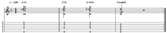 Example 39: Dominant 13 to 13B9 Example 39: Dominant 13 to 13B9 - Two ideas for the price of one this time! First up, a nice sounding dom 13 (R 3 5 b7 9 11 13) which can easily be manipulated to form a 'jazz-tastic' 13b9 voicing which increases the amount of tension felt as the V chord (C13) resolves to the I (Fmaj9). Nice!