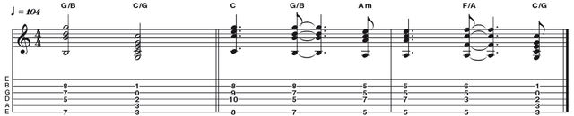Example 4: Voice Leading With Inversions Example 4: Voice Leading With Inversions - By being selective in our choice of triad inversion, it is possible to create logical movement between chords. This idea follows the progression C, G, Am, F, C, but maintains smooth step-wise low note descent, by using root position (R 3 5), first inversion (3 5 R) and second inversion (5 R 3).