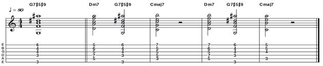 Example 45: Dominant 7#5#9 - Here is a great example of an altered dominant chord, in this case G7#5#9 (R 3 b5 b7 #9). In this instance it's used as a means to bridge the II and I chords in a major II V I (Dm7 G7 Cmaj7) as the alterations (#5 #9) work to create a moving chromatic line through the chords.