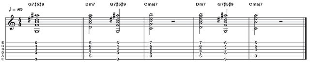 Example 45: Dominant 7#5#9 Example 45: Dominant 7#5#9 - Here is a great example of an altered dominant chord, in this case G7#5#9 (R 3 b5 b7 #9). In this instance it's used as a means to bridge the II and I chords in a major II V I (Dm7 G7 Cmaj7) as the alterations (#5 #9) work to create a moving chromatic line through the chords.