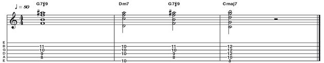 Example 46: Dominant 7#9 -  This is another altered dominant chord, a 7#9 (R 3 5 b7 #9) which works in exactly the same manner. The fingering is a cool variation on the common 'Hendrix' voicing. This one, in the key of G is played with no root note, but rather a doubled b7 interval (F).