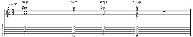Example 46: Dominant 7#9 Example 46: Dominant 7#9 - This is another altered dominant chord, a 7#9 (R 3 5 b7 #9) which works in exactly the same manner. The fingering is a cool variation on the common 'Hendrix' voicing. This one, in the key of G is played with no root note, but rather a doubled b7 interval (F).