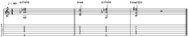 Example 47: D flat/G Example 47: D flat/G - This example is a really cool sounding slash chord variation on the altered tonality. The chord here can be seen two ways, either as Db triad over a G bass note, or as G7b5b9. Regardless of how you wish to term it, doesn't this voicing sound great?