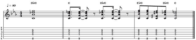 Example 48: E flat/C Example 48: E flat/C - Another slash chord, this time to articulate a Phrygian sound. The Eb triad is played over a C bass note to sound C Phrygian. We are swapping from the sound of C Phrygian (3rd mode of major scale) to C Phrygian dominant (5th mode of harmonic minor) by incorporating Cm7 (Phrygian) or Cmaj (Phrygian dom) accordingly.