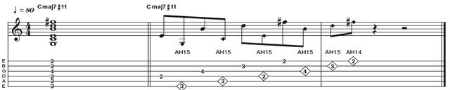 Example 49: Major 7#11 Harp Harmonic Shape Example 49: Major 7#11 Harp Harmonic Shape - We've saved the hardest shapes for last, as we're assuming your hands are nicely warmed up by now! This fingering for Cmaj7#11 lends itself to the harp harmonic technique popularised by Lenny Breau, whereby fretted notes are played with artificial harmonics, performed by touching the strings 12 frets above.