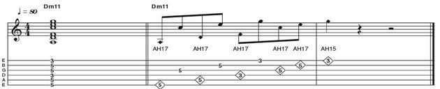 Example 50: D minor 11 Harp Harmonic Shape - This Dm11 shape utilises the same technique as in Ex 9, although the pattern is different. This time we are starting with a harmonic before plucking the fretted note two strings higher, resulting in the same type of cascading effect.