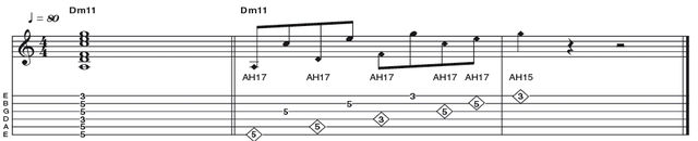 Example 50: D minor 11 Harp Harmonic Shape Example 50: D minor 11 Harp Harmonic Shape - This Dm11 shape utilises the same technique as in Ex 9, although the pattern is different. This time we are starting with a harmonic before plucking the fretted note two strings higher, resulting in the same type of cascading effect.