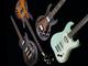 Clockwise from top left: Lakland Skyline Hollowbody Bass, Hutchins Prince II Bass, Danelectro '63 Long Scale Bass and Ibanez AGB200 Artcore Bass