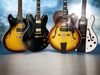 4 semi-acoustics under £400 From L-R: Washburn HB30, Vintage VSA555, Peerless Wizard and Adam Black HS Centre (First Act CE530 Delia not pictured)