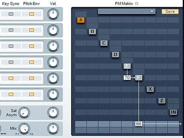 Switch to the Expert»Ops page and right-click on the E operator in the FM Matrix to activate it. Now turn on Key Sync for both operators E and F. Back in the FM Matrix, push the value in the box directly to the left of F up to 70, then raise the output level of operator F from the default value of 80 all the way up to 100. Hmmm - it clicks.