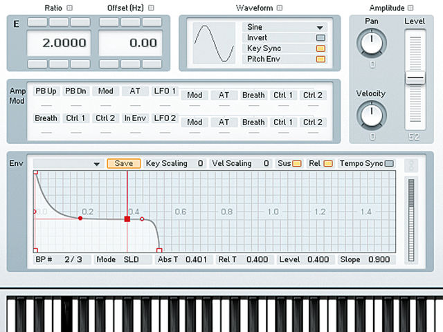 OK, let's get back on track. Put the start of the envelope back to the top-left corner, as it was. Now pull the sustain Level node down to about 0.4 on the Y axis and drag it across to the left so that the decay phase ends at around 0.4 on the X-axis. In the Amplitude panel above, pull the main Level slider down from 70 to about 52.
