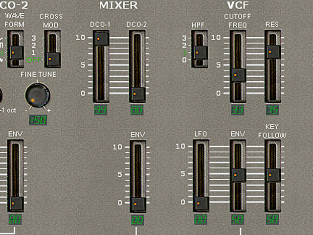 Let's try some filtering. Put both Cutoff Freq and Res sliders at 33, then push the VCF Env slider up to 50. Set the Mixer DCO-2 level to 00, then crank Envelope-2's Sustain to 99 for a sustained sound. These tweaks produce a classic 'warp' bass similar to that in Dred Bass by Dead Dred and countless garage tunes. Push the Res to 75 for dubstep or fidget house evilness.