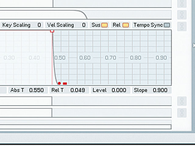 To fix the click, move to the Env page and click on E to get to operator E's envelope. Once you're there, drag the release node (bottom right) to at least 0.6 with a convex curve. Go to operator F's envelope next, dragging the release node only a small amount – around 0.05 should do it – and leaving it on the default convex curve. Now we have a classic ragga bass.