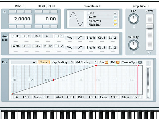 Next go to operator E's main page, where you can see more detailed controls. Look at operator E's envelope again, and drag the top-left node over to the right until the Abs T field reads 1.00. This produces another garage-style bass! From the same page, you can set operator E's Ratio to 2 to make yet another popular garage bass patch.