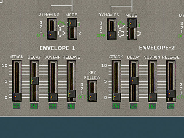 In the Mixer, push both DCO faders up to 99 and switch HPF to 1. On the row below, set all the sliders to 00 (to disable modulation), apart from Key Follow - set that to 50. Turn the Chorus and all Key Follow and Dynamics switches Off for a flat, hard tone. Set all Mode switches to the top, then set both envelopes to 00 Attack, 50 Decay, 00 Sustain and 10 Release.