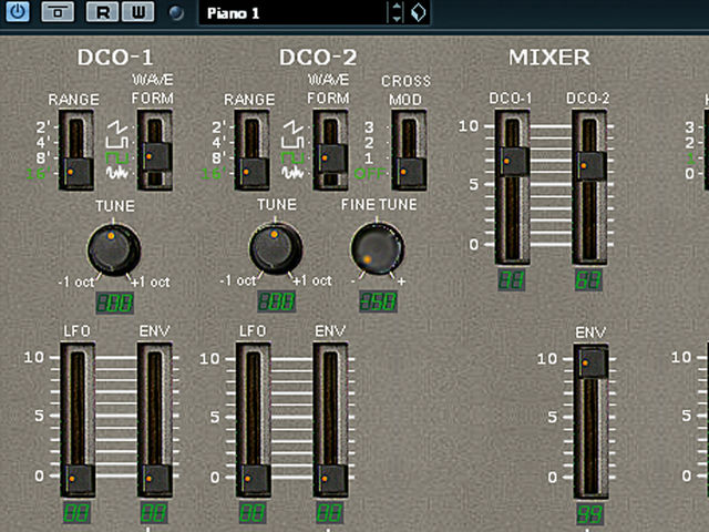 Set DCO-1's Waveform to the square shape, take the DCO-2 Range slider down to 16' and move the DCO-2 Tune knob to 00. Next, set DCO-2's Fine Tune to -50 and tap the orange Mono button (on the far right) for monophonic operation. This simple patch comprising two heavily detuned square waves is the basis for several garage and rave sounds.