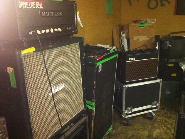 Scott Lucas' amp setup Matchless 120 Super Chief, Marshall cabinet (two are used), Ampeg bass amp, Vox AC15 combo amp.