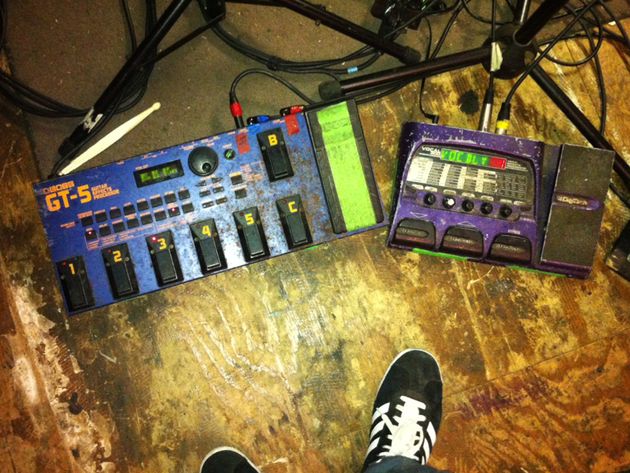 Scott Lucas' pedalboards, left side Boss GT-5 Guitar Effects Processor, DigiTech Vocal 300 Vocal Effects Processor
