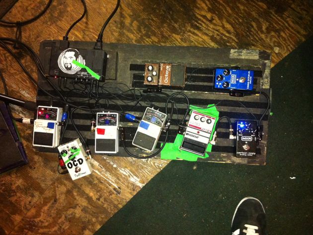 Scott Lucas' pedalboards, right side Bottom row, left to right: Boss Chromatic Tuner used for switching the Matchless, OCD distortion pedal, Boss tuner used for switching the Vox, Boss tuner for switching the Ampeg, DOD phaser, MXR Carbon Copy delay. Top row, left to right: Boss octave pedal for the bass pickup, MXR bass octave pedal.