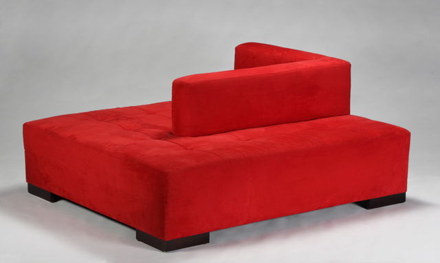 Lot 335: Two monumental red suede conversation sofas