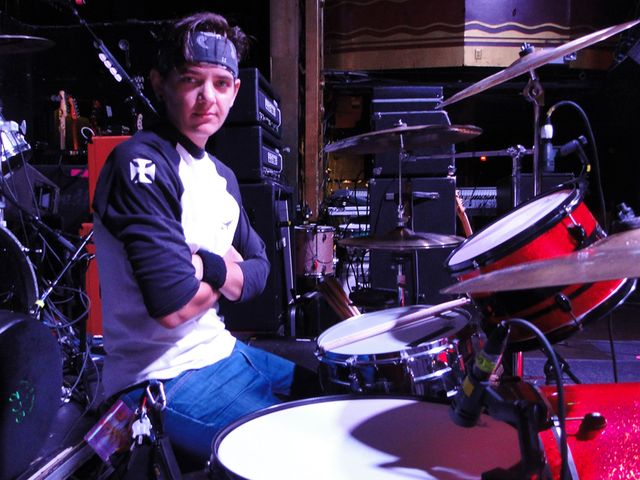 Drummer Rachel Fuhrer's kit is comprised of Gretsch, Ludwig, Zildjian, Soultone and Sabian components