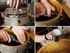 Clockwise from top left: 1. Remove the heads using a drum key. 2. Use a cordless drill to take off the lugs. 3. Undrill the lug fixing bolts. 4. Keep the parts in a pot.