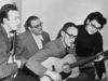 The Weavers in Philadelphia hotel, 1952 (from L-R: Pete Seeger, Lee Hayes, Fred Halterman, and Ronnie Gilbert)