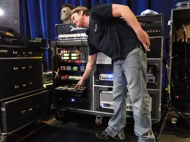 VIDEO: Shinedown guitarist Zach Myers' live setup Myers' guitar tech, Sparky, tests an effect during soundcheck