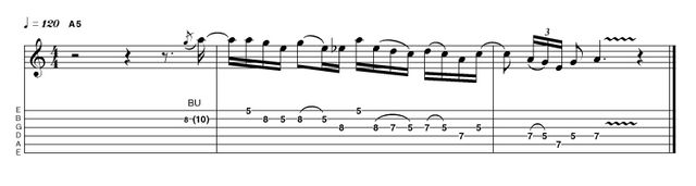 Example 1.1: Phrasing Let's begin with a Brian May-style lick. It's got an interesting melodic shape, a great rhythmic structure, a marvellous sense of flow and perfect grace and composure. What more does a great rock lick need?