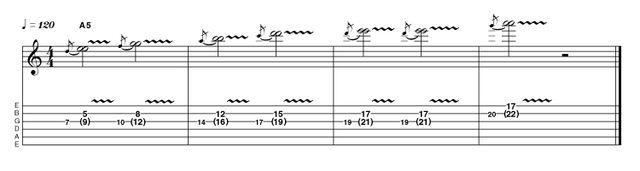 Example 1.10: Horizontal Unison bends sound great. Fact! None more so than when Jimi Hendrix employed them. Here we're spelling out the harmonically sophisticated Am11th arpeggio (A, C, E, G, D). Who said rockers couldn't mix it with the intellectuals?