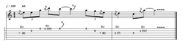 Example 1.2: Bends We could have filled this entire article with bending licks from this area! We'll just give you this Hendrix-inspired chord-tone beauty and leave you to find the other 49 for yourselves. Intonation and control are the issues here so use your ears and watch your tuning.